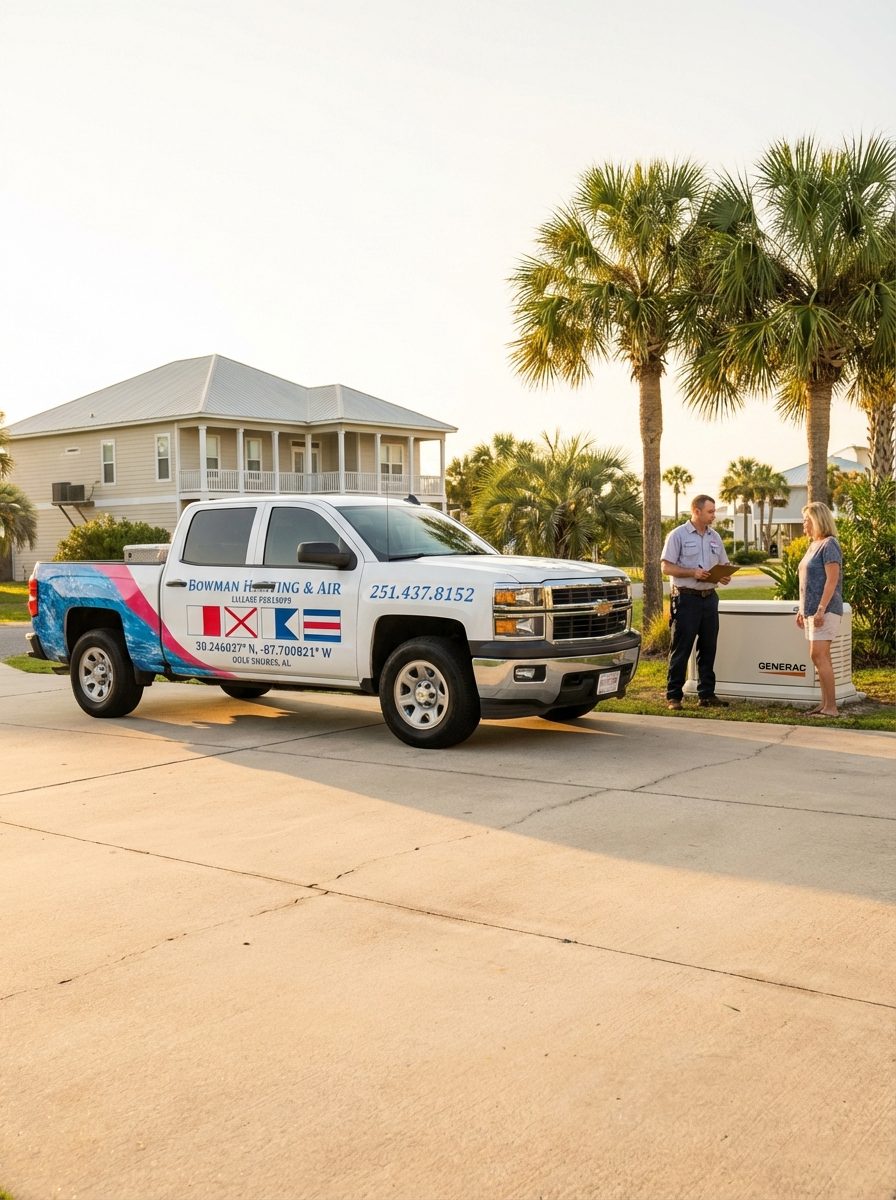 Bowman Heating & Air technician with homeowner — Generac standby generator installation, Gulf Shores AL